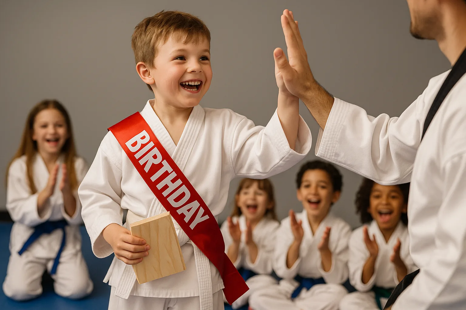 Birthday child breaking a wooden board as friends cheer at a martial arts birthday party in Deer Park